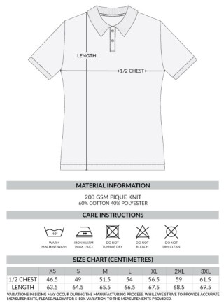 VCCNZ Carter Women's Polo:Size Chart