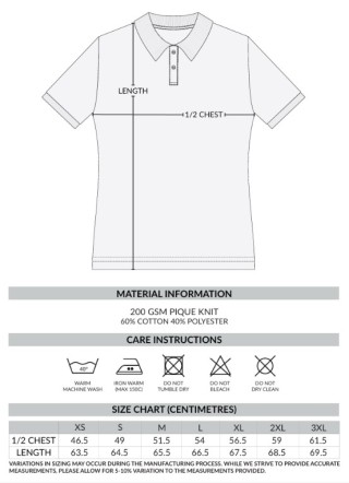VCCNZ Carter Men's Polo:Size Chart